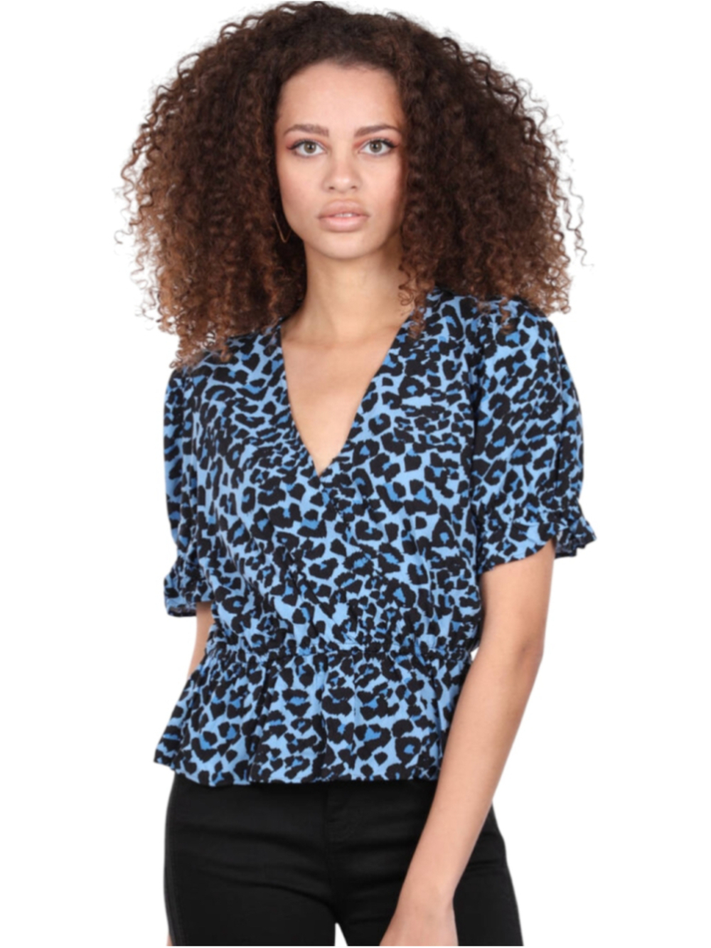 Banana Republic Blue Black Leopard Print Wrap Front Blouse XS